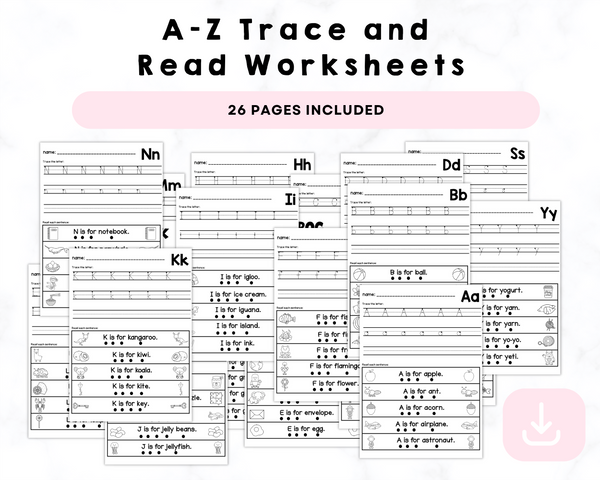 A-Z Trace and Read Printable Worksheets