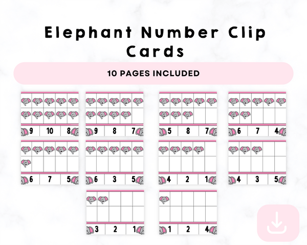 Printable Elephant number Clip Cards