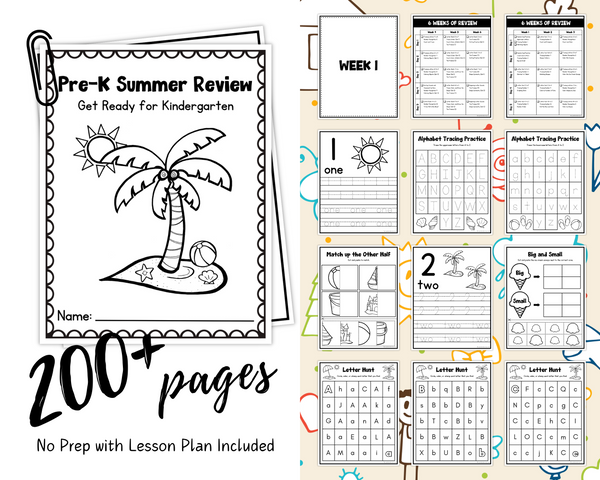 Printable 200+ Pages Pre-K Summer Review with Lesson Plan Included