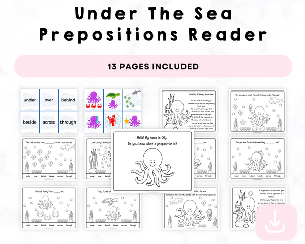Under The Sea Prepositions Reader Printables (with Coloring Pages and Matching Game)