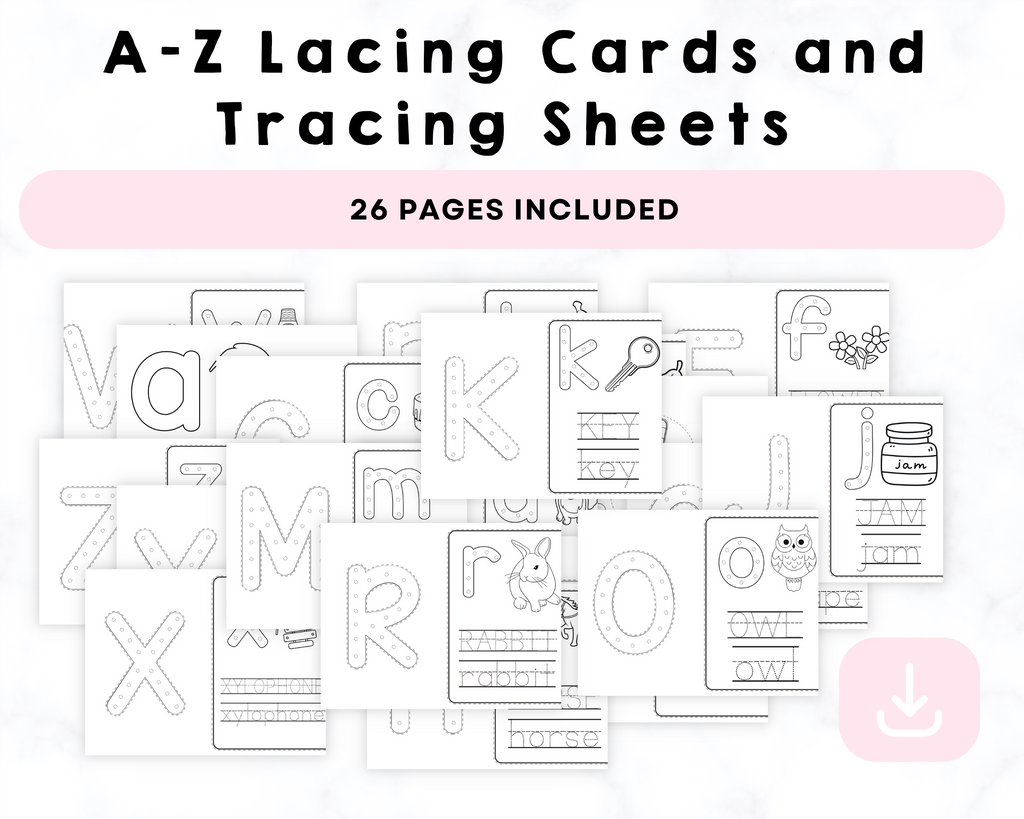 A-Z Lacing Cards and Tracing Sheets Printable