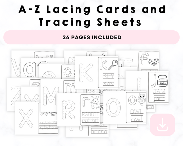 A-Z Lacing Cards and Tracing Sheets Printable