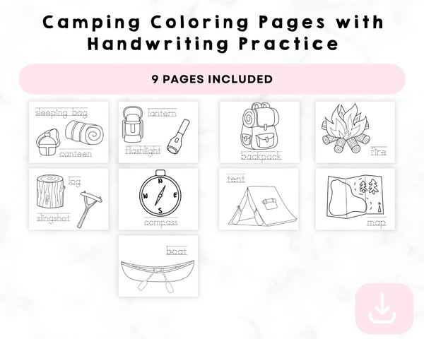 Camping Coloring Pages with Handwriting Practice