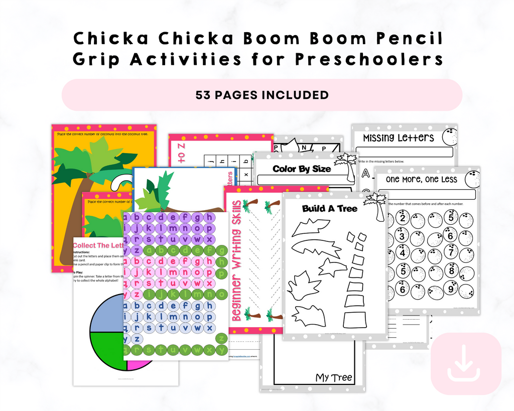 Printable Chicka Chicka Boom Boom Pencil Grip Activities for Preschoolers