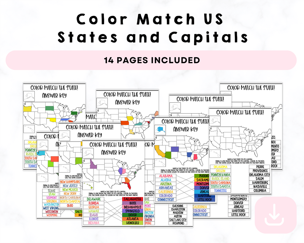 Color Match US States and Capitals Printables