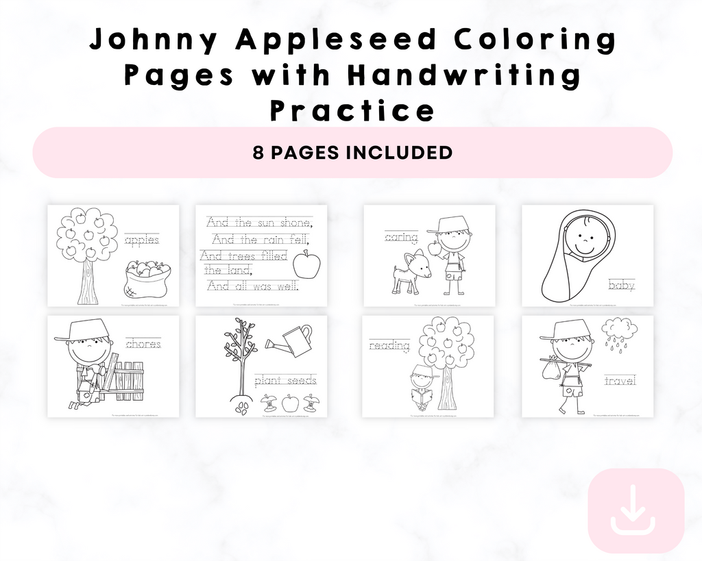 Johnny Appleseed Coloring Pages with Handwriting Practice