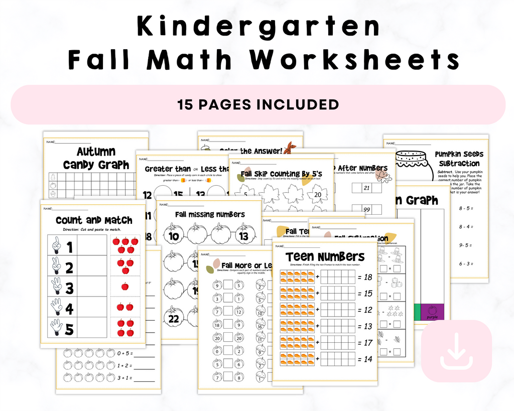 Kindergarten Fall Math Worksheet Printable