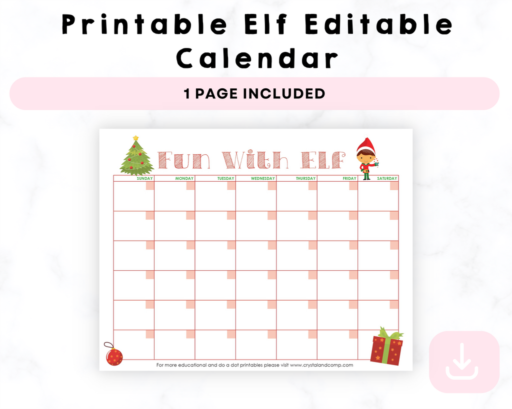 Printable Elf Editable Calendar