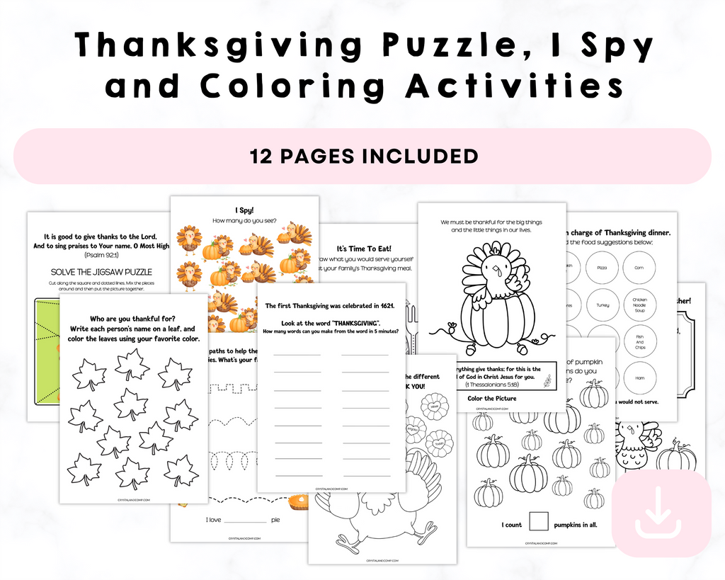 Thanksgiving Puzzle, I Spy, and Coloring Activities