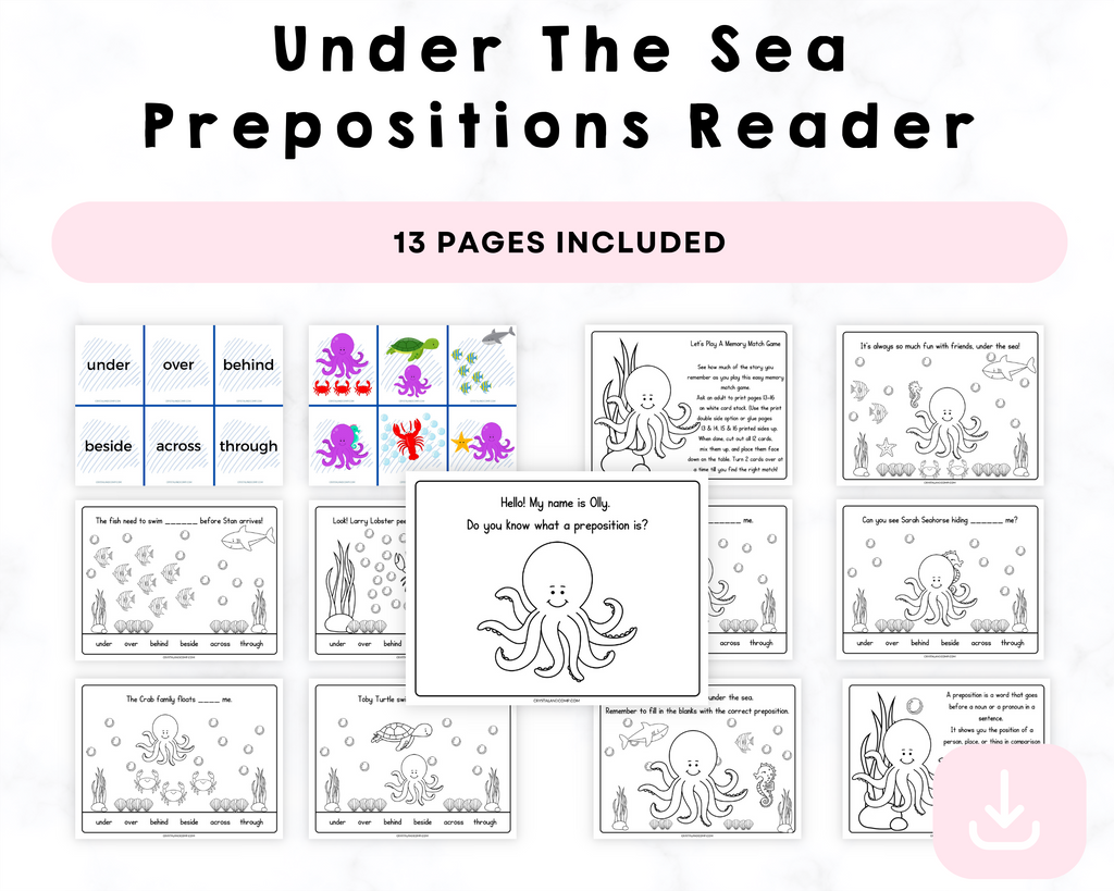 Under The Sea Prepositions Reader Printables (with Coloring Pages and Matching Game)
